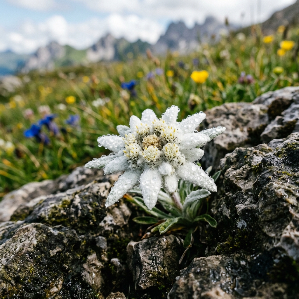 Close-up macro photography of rare alpine edelweiss flower growing between mountain rocks, dew drops on white petals, soft bokeh background of mountain meadow, no people